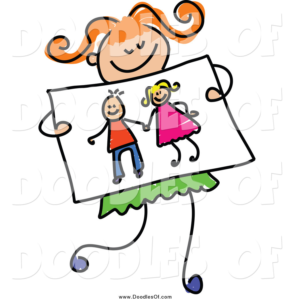 1024x1044 Vector Clipart Of A Doodled Red Haired Girl Holding A Drawing - Kids Holding Hands Drawing