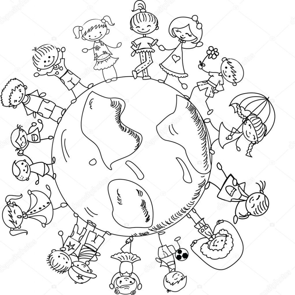 991x992 Cute Children Holding Hands Around The Globe Black And White - Kids Holding Hands Drawing