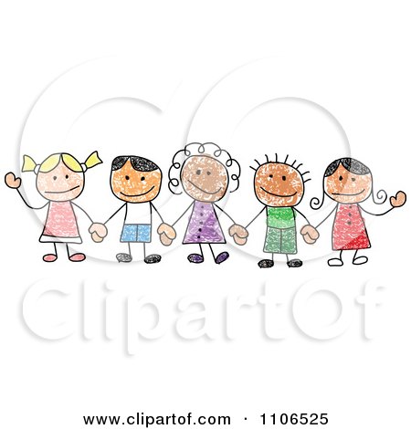 450x470 clipart stick drawing of multi ethnic children holding hands - Kids Holding Hands Drawing