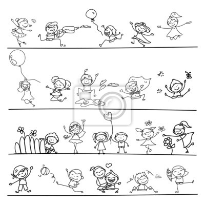 400x400 Fototapeta Hand Drawing Cartoon Happy Kids Playing Na Wymiar - Kids Playing Drawing