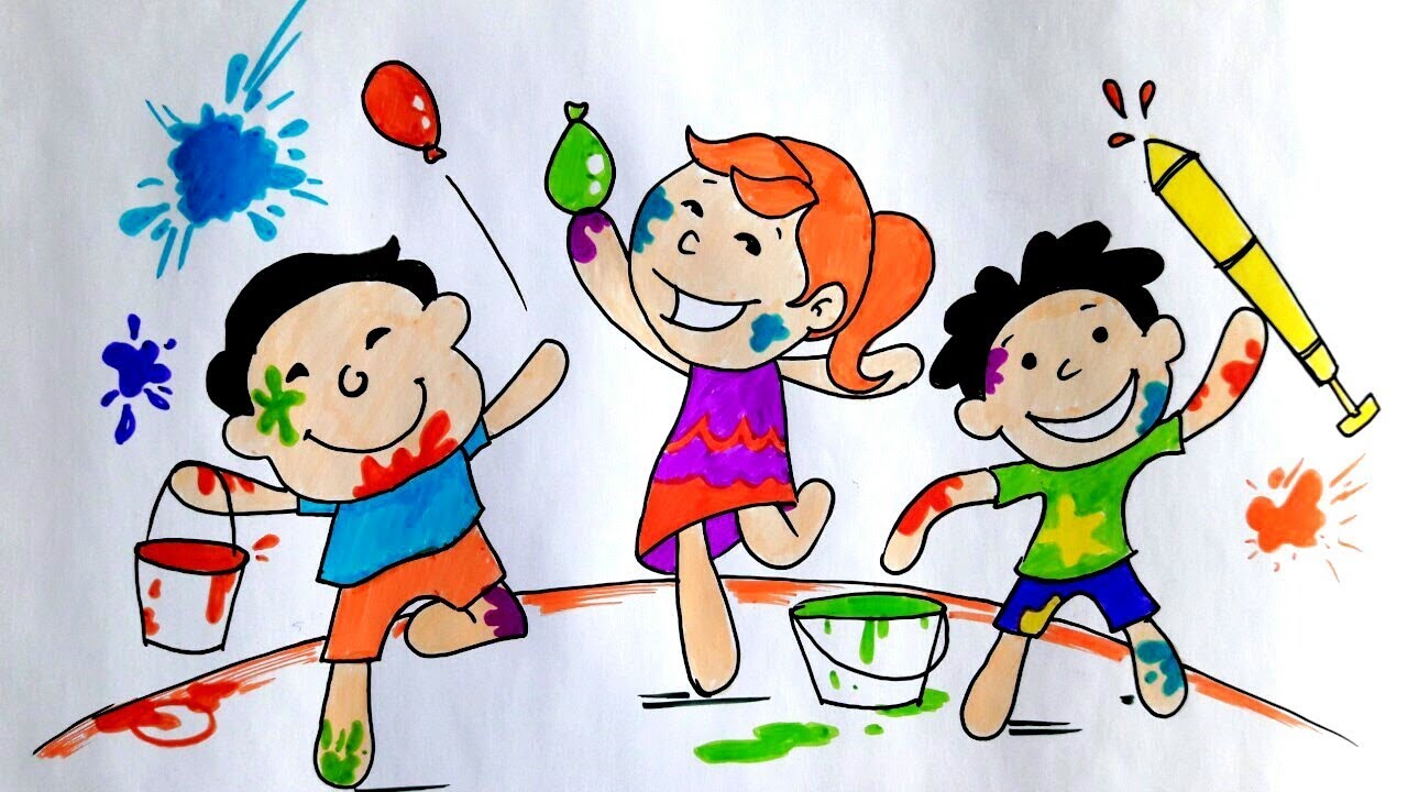 1280x720 How To Draw Kids Playing Holi Festival Drawing For Kids Easy - Kids Playing Drawing