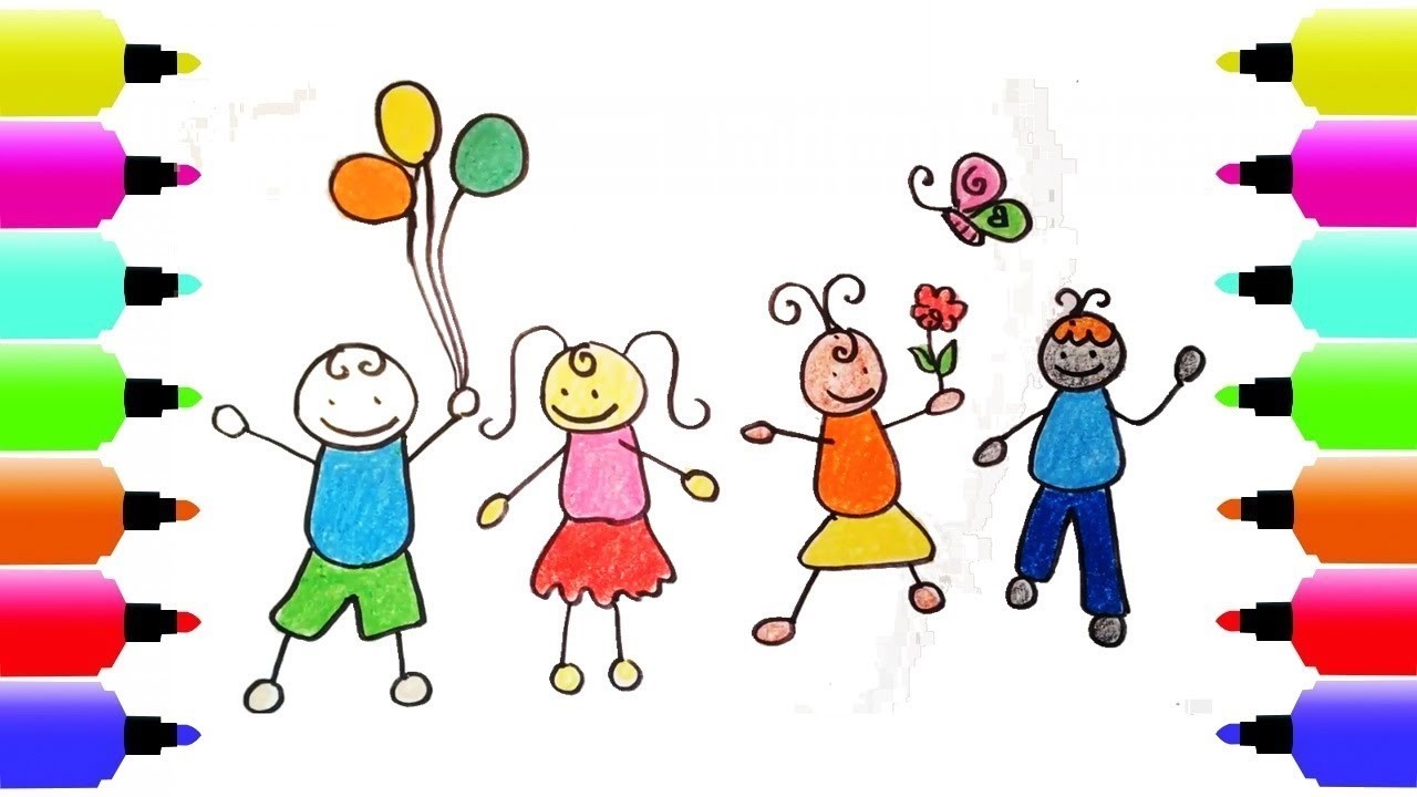 1280x720 drawing children playing outdoors, art colours for kids, learn colors - Kids Playing Drawing