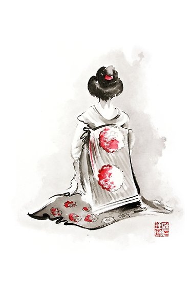 375x550 Geisha Girl Drawing Large Poster, Japanese Woman Watercolor Art - Kimono Girl Drawing