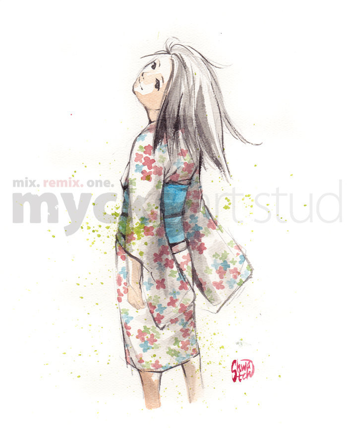 700x863 print x kimono girl with blue obi yukata with flowers etsy - Kimono Girl Drawing