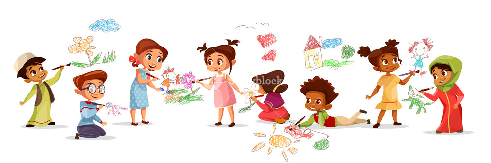 1000x333 Children Of Different Nationality Drawing Pictures With Chalk - Kindergarten Kids Drawing