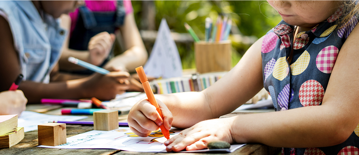 1200x520 group of kindergarten kids friends drawing art class outdoors - Kindergarten Kids Drawing