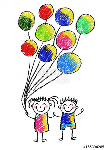 354x500 Kids Drawing Happy Children With Balloon Illustration - Kindergarten Kids Drawing