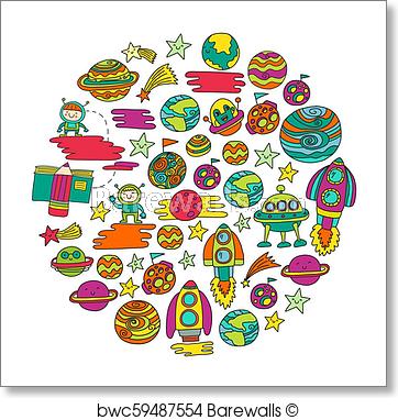 362x382 Vector Doodle Pattern With Space Icons Children, Kindergarten - Kindergarten Kids Drawing