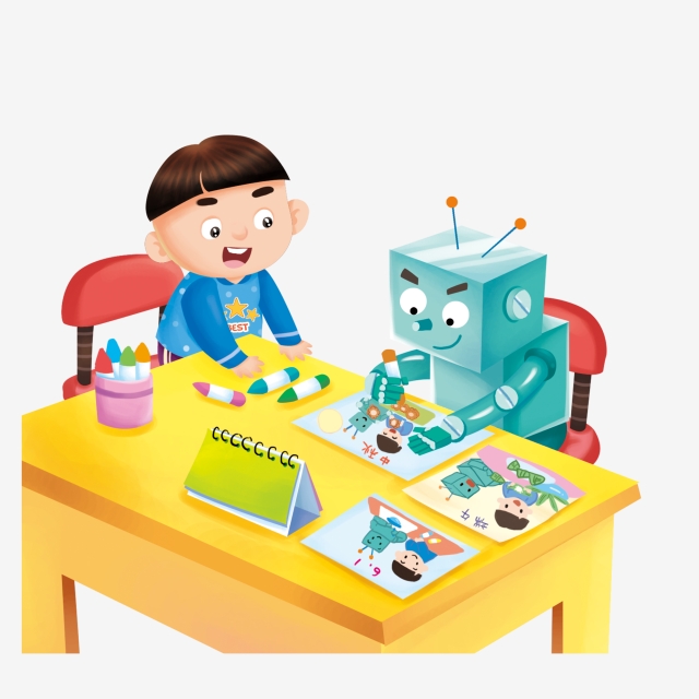 640x640 Cartoon Hand Drawn Robot And Kids Drawing Together Work - Kindergarten Kids Drawing