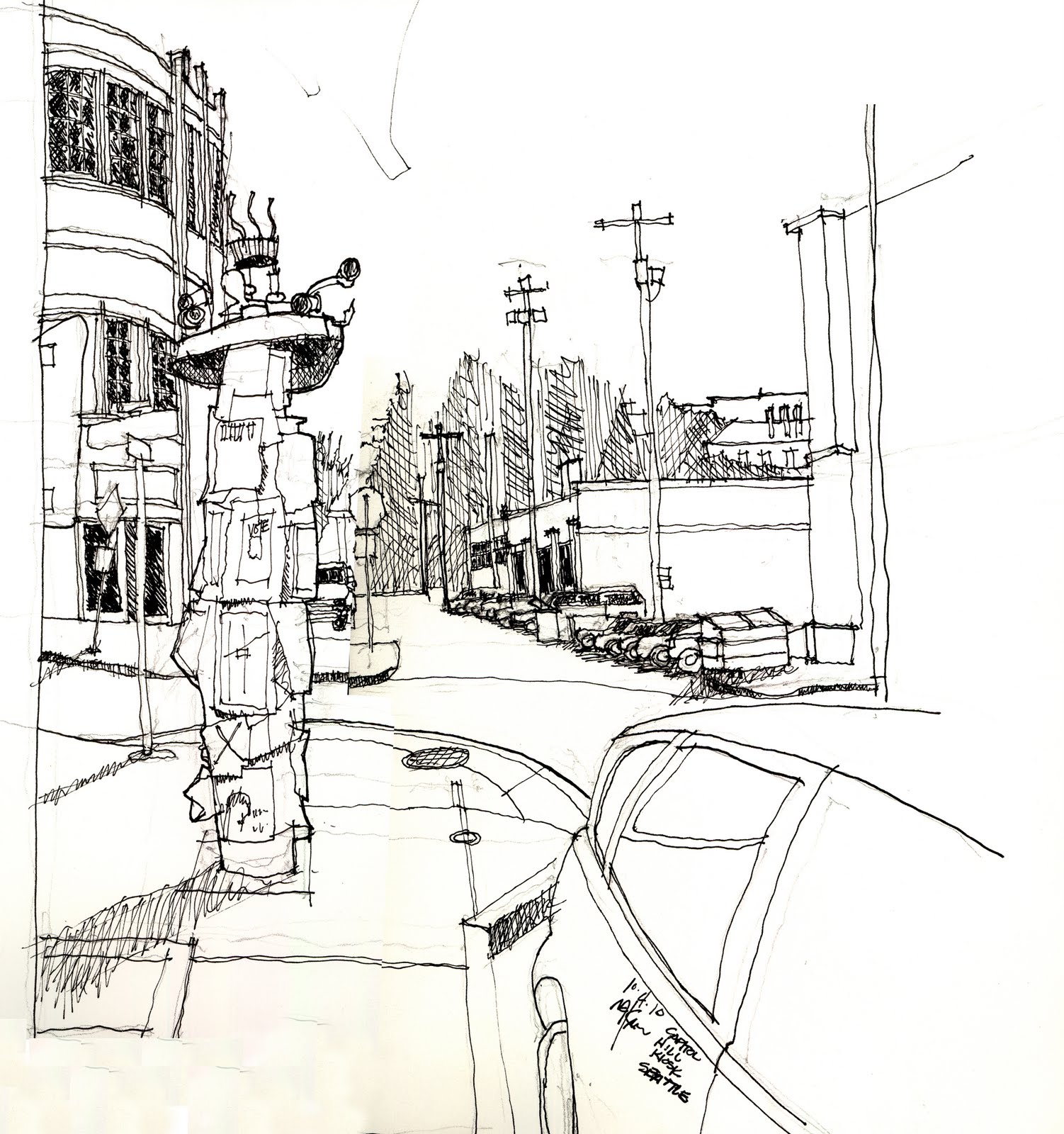 1502x1600 Urban Sketchers Seattle Sign Kiosk On Capitol Hill Seattle - Kiosk Drawing