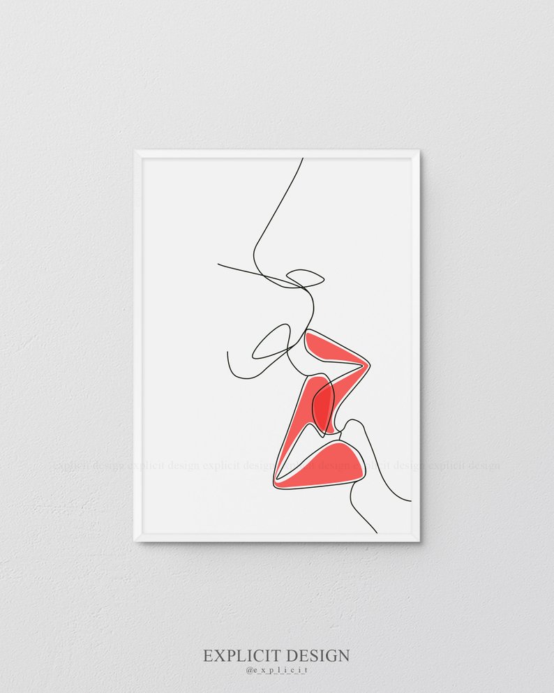 794x993 Red Lip Kiss Drawing Printable Black Fine One Line Artwork Etsy - Kiss Drawing