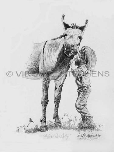 375x500 stephens western drawing of a little girl giving her donkey a kiss - Kiss Pencil Drawing
