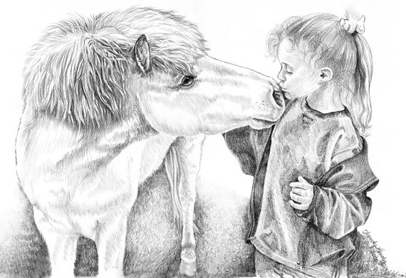 570x391 first kiss a graphite pencil drawing of gracie and dusty pony etsy - Kiss Pencil Drawing