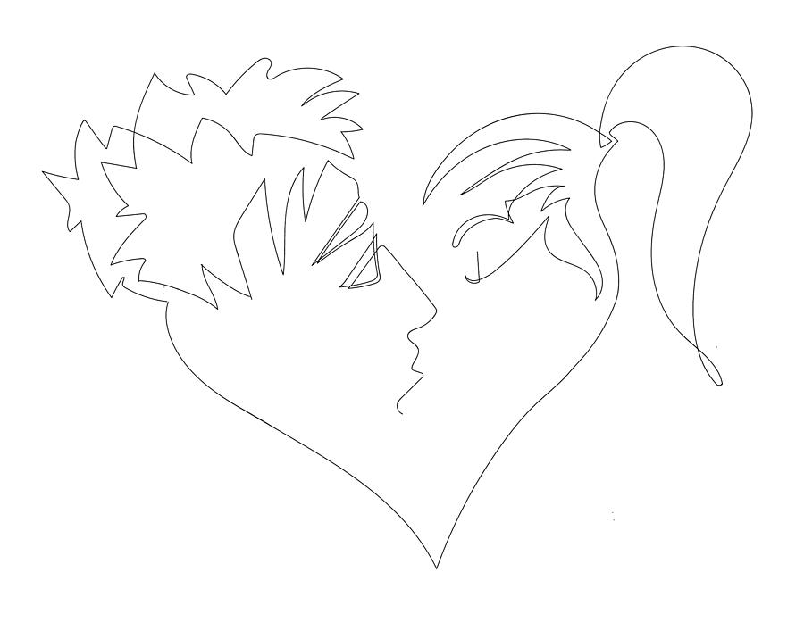 900x697 One Line Heart Couple Kissing Drawing - Kissing Drawing Images