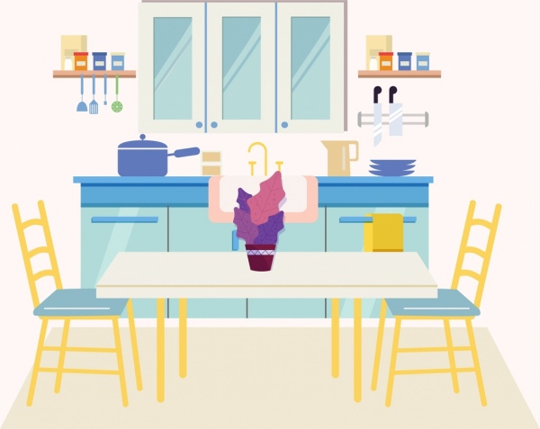 600x477 Kitchen Drawing Multicolored Design Free Vector In Adobe - Kitchen Cartoon Drawing