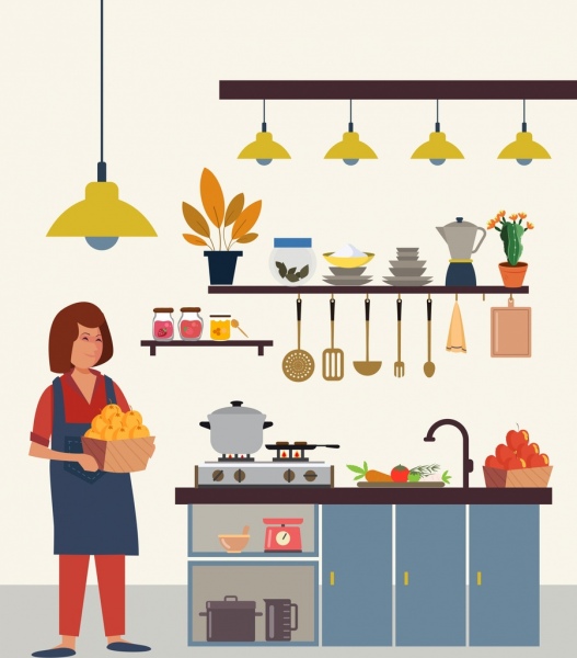 527x600 kitchen work drawing housewife utensil icons colored cartoon free - Kitchen Cartoon Drawing