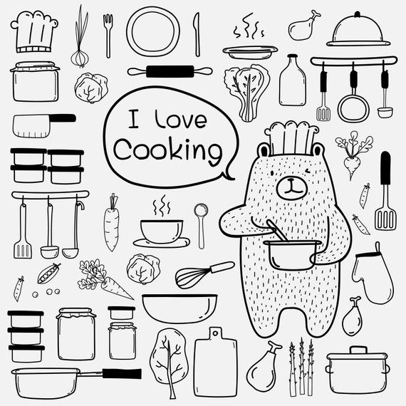 570x570 Bear Chef Cooking Clipart, Hand Drawn Doodle - Kitchen Cartoon Drawing