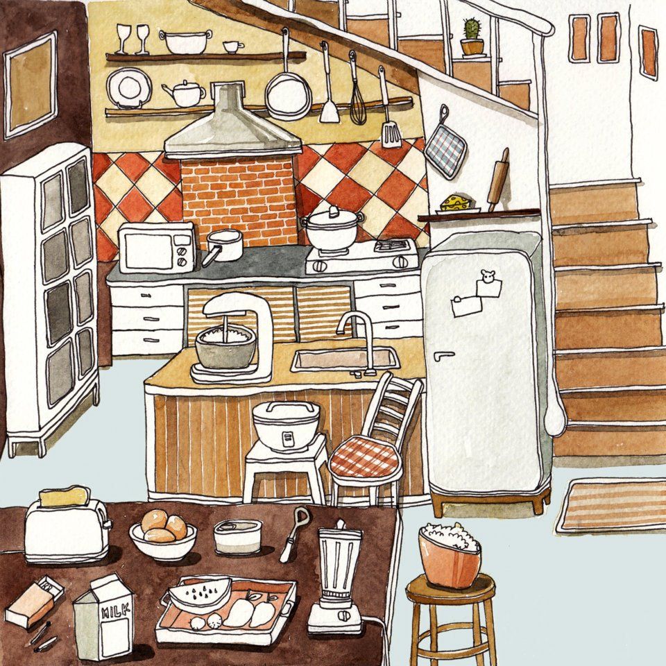 960x960 cute puffy cartoon kitchen illustration - Kitchen Cartoon Drawing