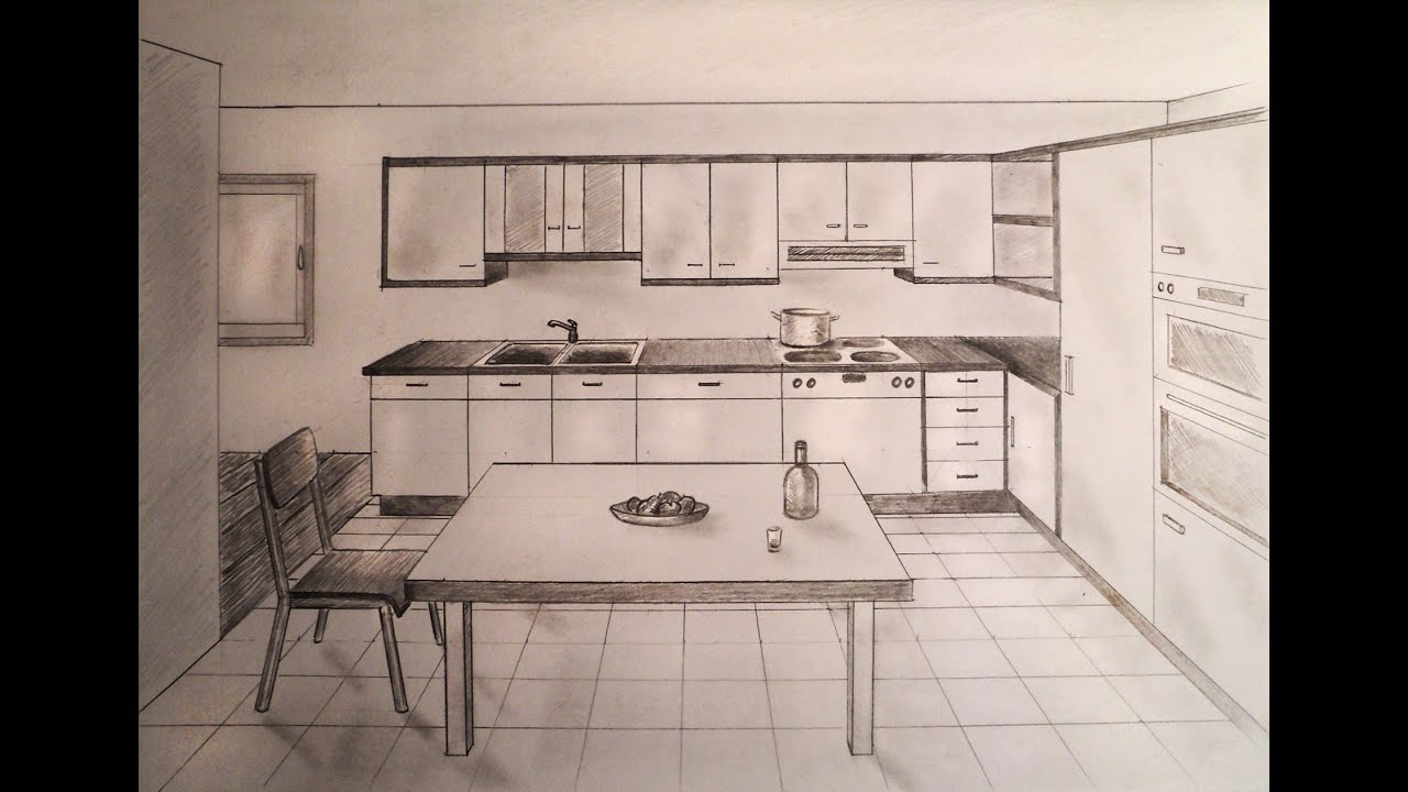 1280x720 How To Draw - Kitchen Perspective Drawing