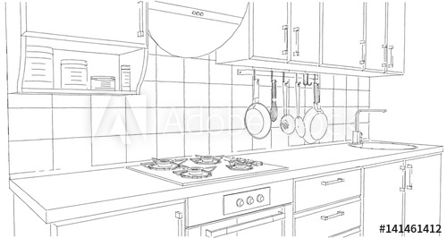 500x266 small kitchen area with utensils and tile splash back outline - Kitchen Perspective Drawing