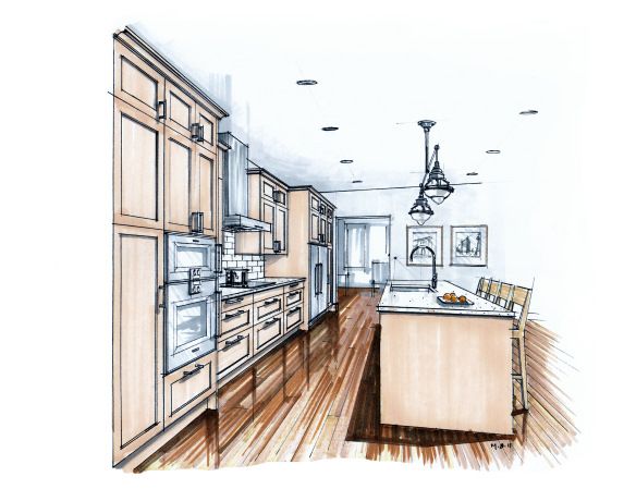 584x449 Traditional Hand Drawn Color Marker Kitchen Perspective Drawing - Kitchen Perspective Drawing