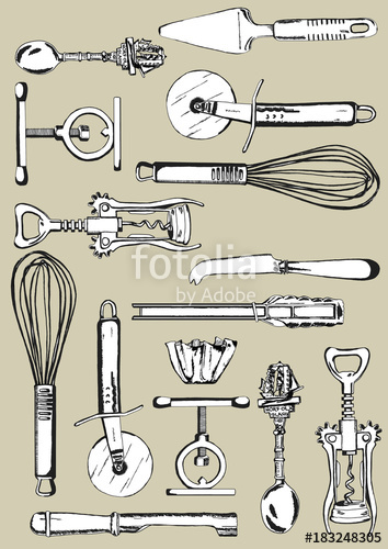 354x500 Kitchen Utensils Range Of Tools On A Background Pen Drawing - Kitchen Tools Drawing