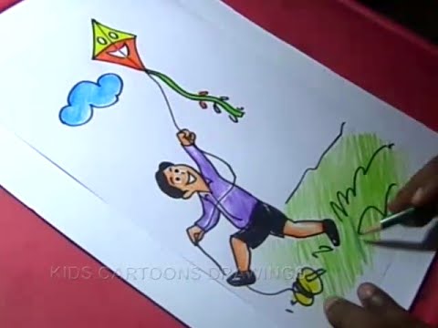 480x360 how to draw boy flying kite drawing for kids - Kite Drawing Images