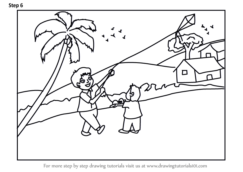 846x600 learn how to draw a boy flying kite scene - Kite Drawing Images