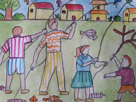 550x412 Kite Flying Painting - Kite Flying Drawing