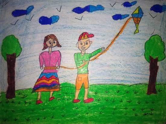 550x413 Kite Flying Painting - Kite Flying Drawing