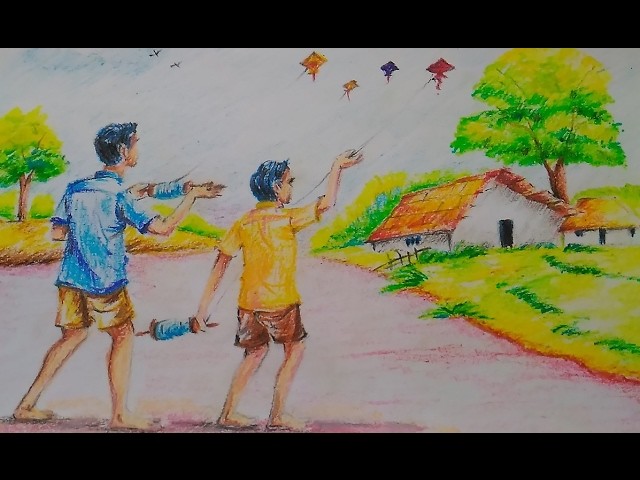 640x480 Easy Kite Flying Composition For Kids Drawing Tutorial - Kite Flying Drawing