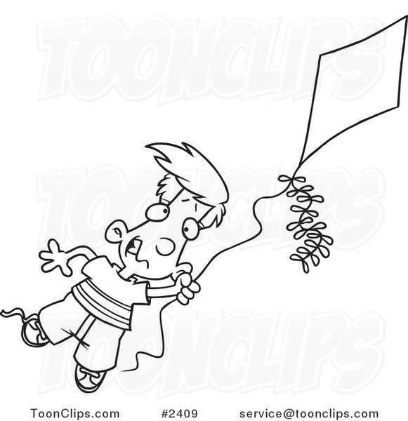 581x600 Cartoon Black And White Line Drawing Of A Boy Flying A Kite - Kite Line Drawing