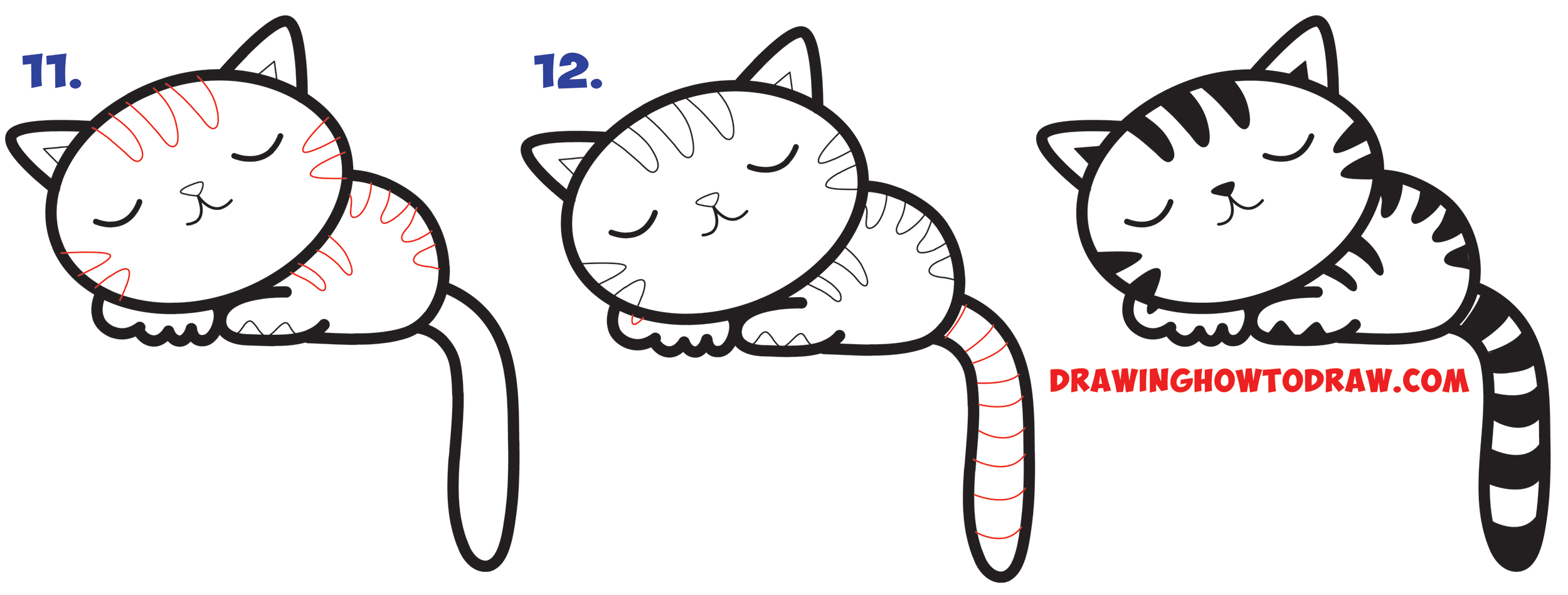 2500x949 How To Draw A Supercute Kawaii Cartoon Cat Kitten Napping Easy - Kitten Drawing Images