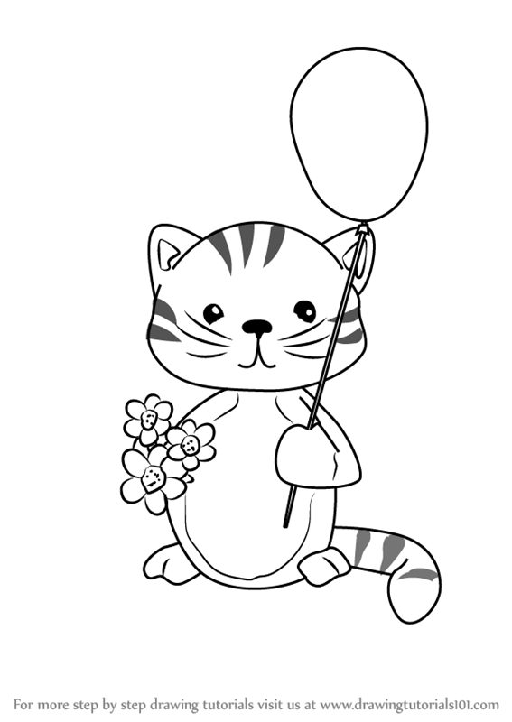567x800 Learn How To Draw A Kitten With Balloon - Kitten Drawing Images