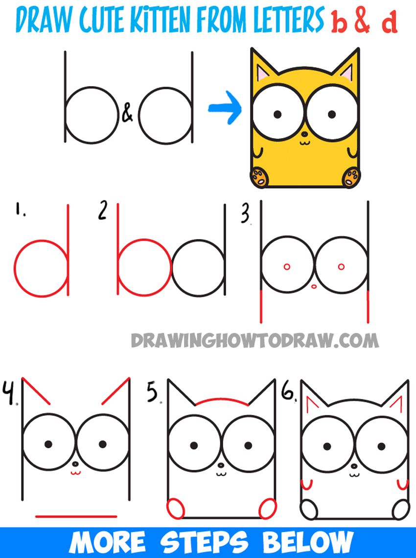 850x1139 How To Draw Cartoon Baby Kitty Cat Or Kitten From Letters Easy - Kitten Drawing Step By Step