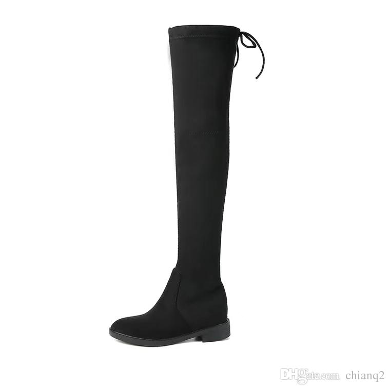 760x760 Hot Winter Long Boots Brand Design Black Suede Increased Rope Draw - Knee High Boots Drawing