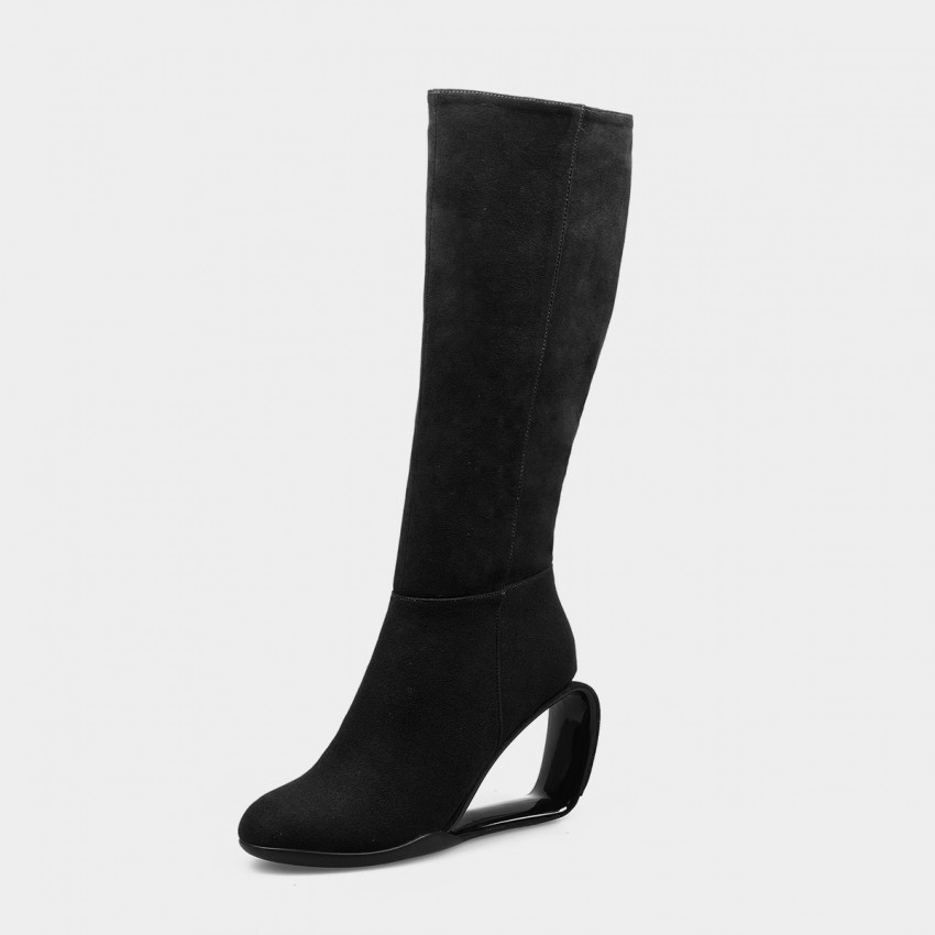850x850 jady rose calf leather hollow heel knee length suede black boots - Knee High Boots Drawing