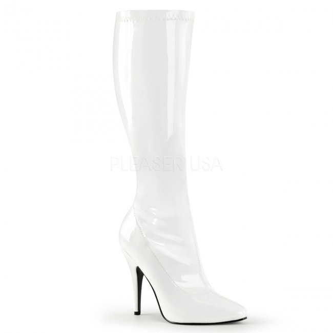 650x650 pleaser seduce white stretch patent knee high boots heels - Knee High Boots Drawing