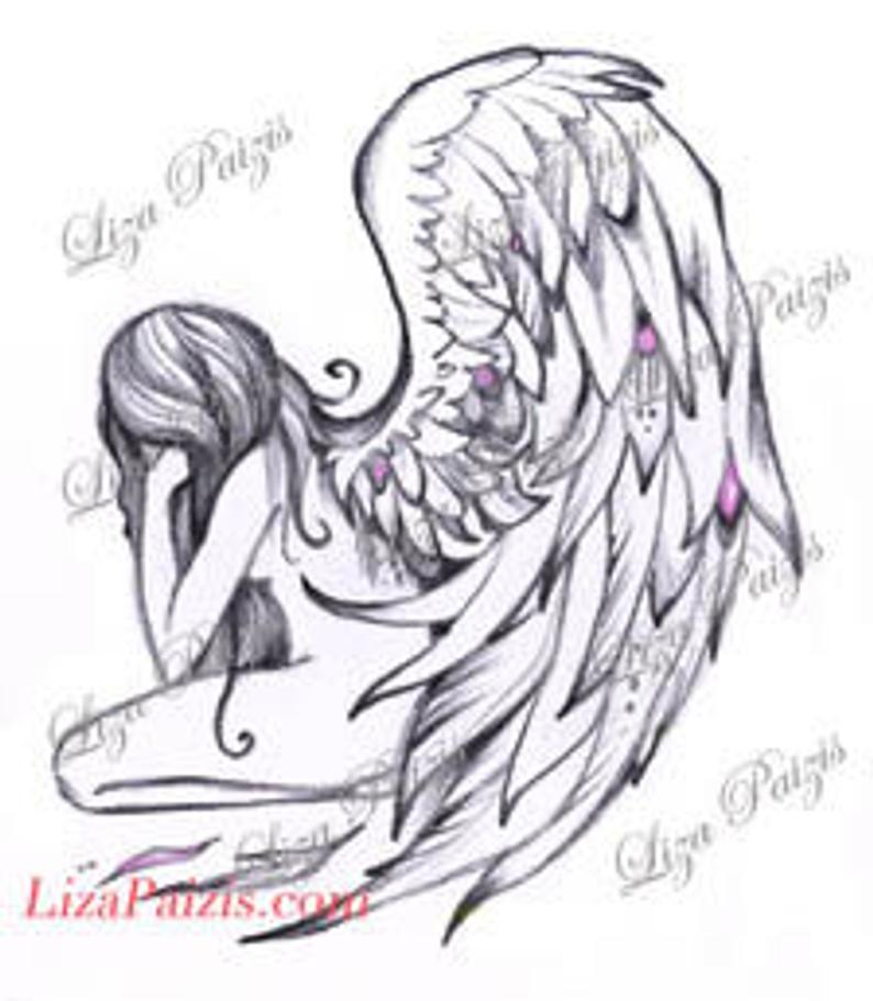 794x911 angel black and gray tattoo design kneeling whimsical angel etsy - Kneeling...