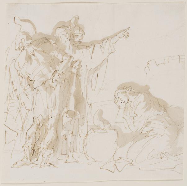 603x600 two soldiers, an old man, and a woman kneeling before an urn - Kneeling Soldier Drawing