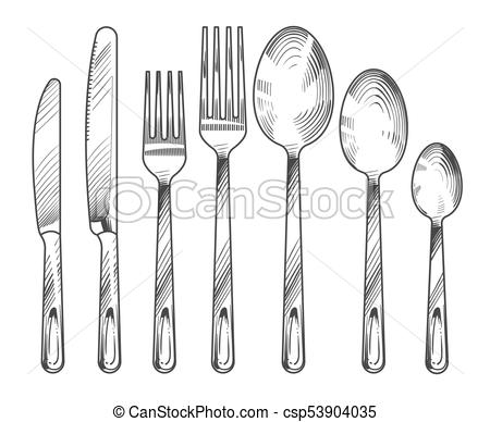 450x388 sketch silver knife, fork and spoon hand drawn cutlery vector set - Knife And Fork Drawing