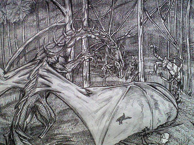 640x480 European Dragon And Knights In A Forest Battle Drawing - Knight Fighting Dragon Drawing