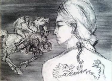 375x271 knight and dragon fighting, woman waiting drawing - Knight Fighting Dragon Drawing