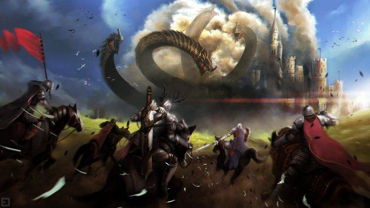 748x421 Digital Art, Fantasy Art, Drawing, Men, Soldier, Knights, Battle - Knight Fighting Dragon Drawing