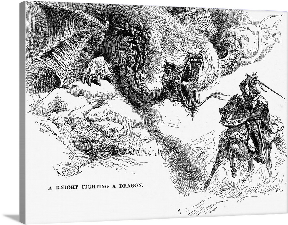 1000x780 A Knight Errant Fighting A Dragon Wall Art, Canvas Prints, Framed - Knight Fighting Dragon Drawing