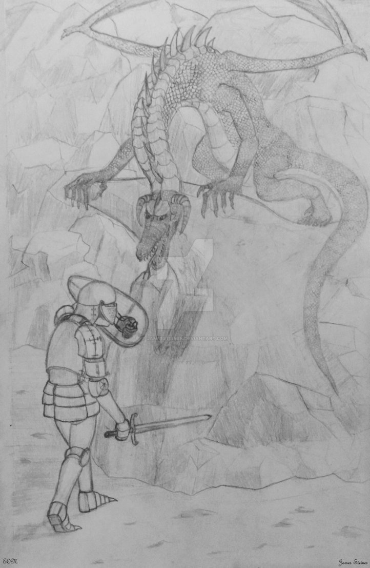 722x1107 A Knight Fighting A Dragon - Knight Fighting Dragon Drawing