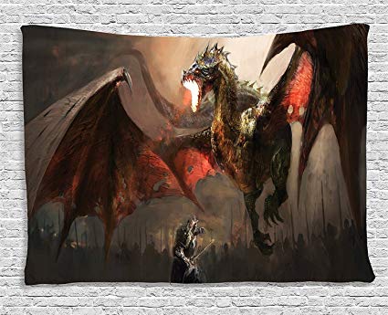 425x345 Ambesonne Dragon Decor Collection, Medieval Knight - Knight Fighting Dragon Drawing