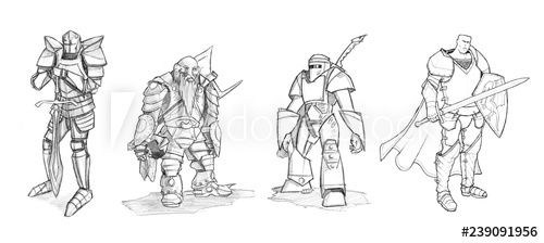 500x224 Set Of Black And White Pencil Or Ink Drawings Of Various Fantasy - Knight In Armor Drawing