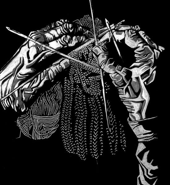 550x600 geometric black and white drawing knitting hands - Knitting Drawing