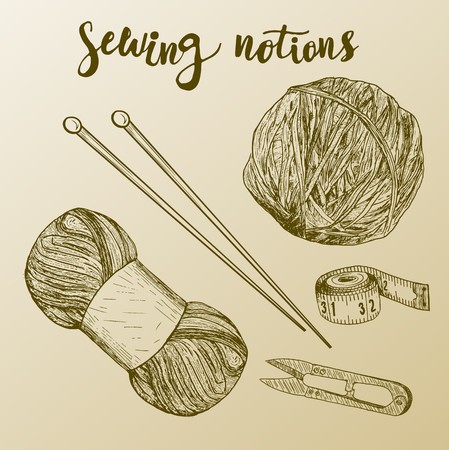 449x450 sewing notions hand drawn thread, needle, scissors, ball of yarn - Knitting Needles Drawing